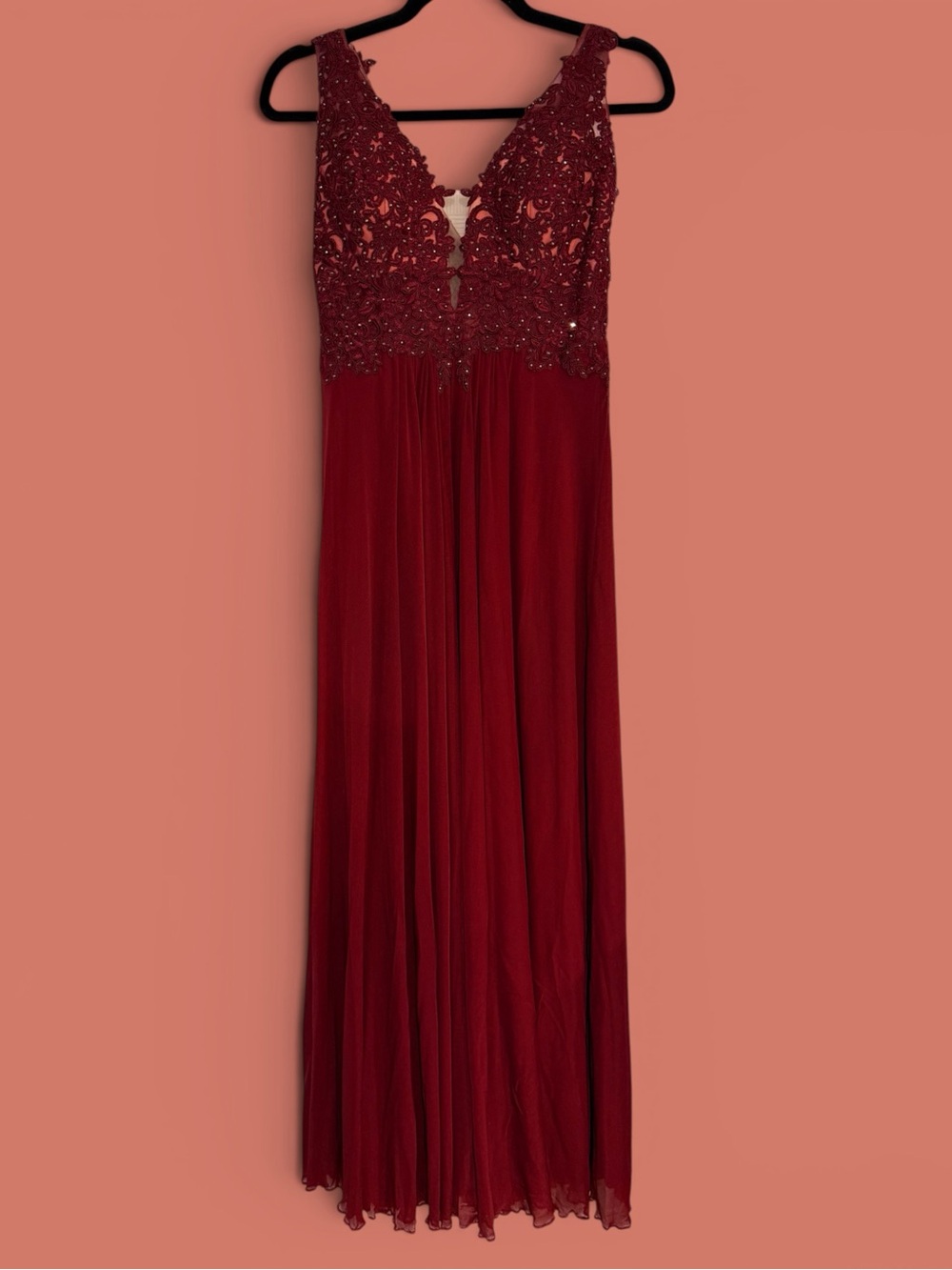 Faviana Burgundy Lace Applique Maxi Gown